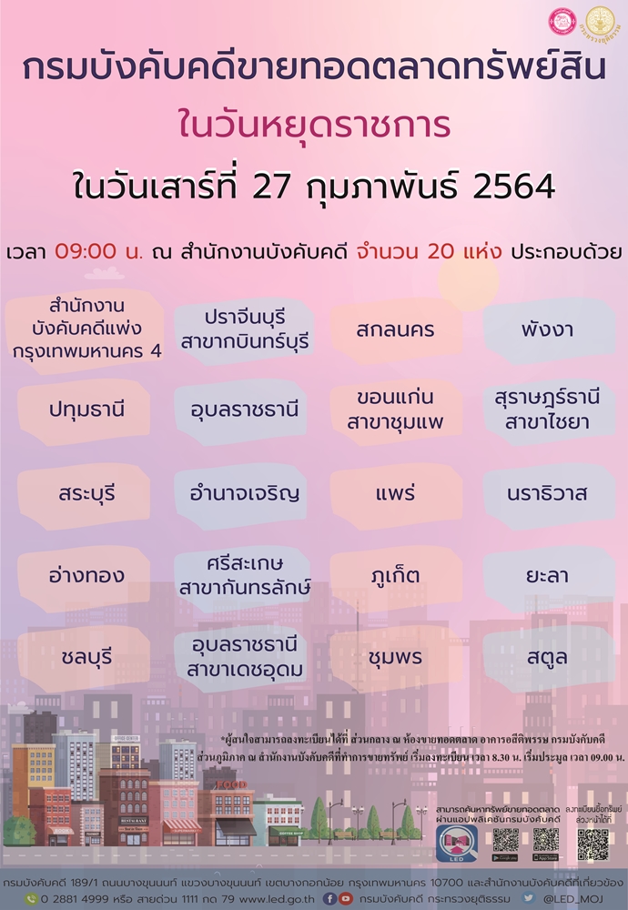 ﻿กรมบังคับคดีจัดการขายทอดตลาดในวันหยุดราชการ วันเสาร์ที่ 27 กุมภาพันธ์ 2564